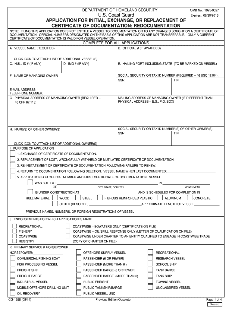 transfer of ownership form cg 1258 Preview on Page 1.
