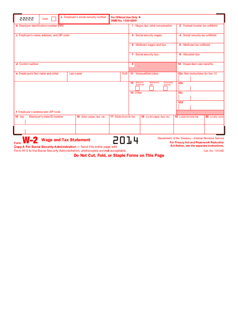 2014 IRS Tax Forms W-2 Wage Stmt carbonless 10 employees 5 sheets 2 Form W-3 