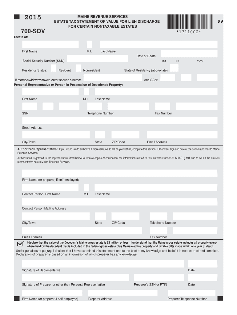 700-SOV Estate tax statement of value for lien discharge - Maine.... Preview on Page 1.