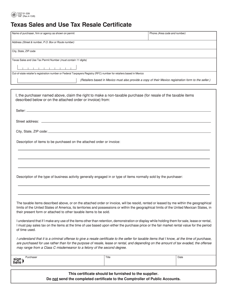 Texas Resale Certificate Form