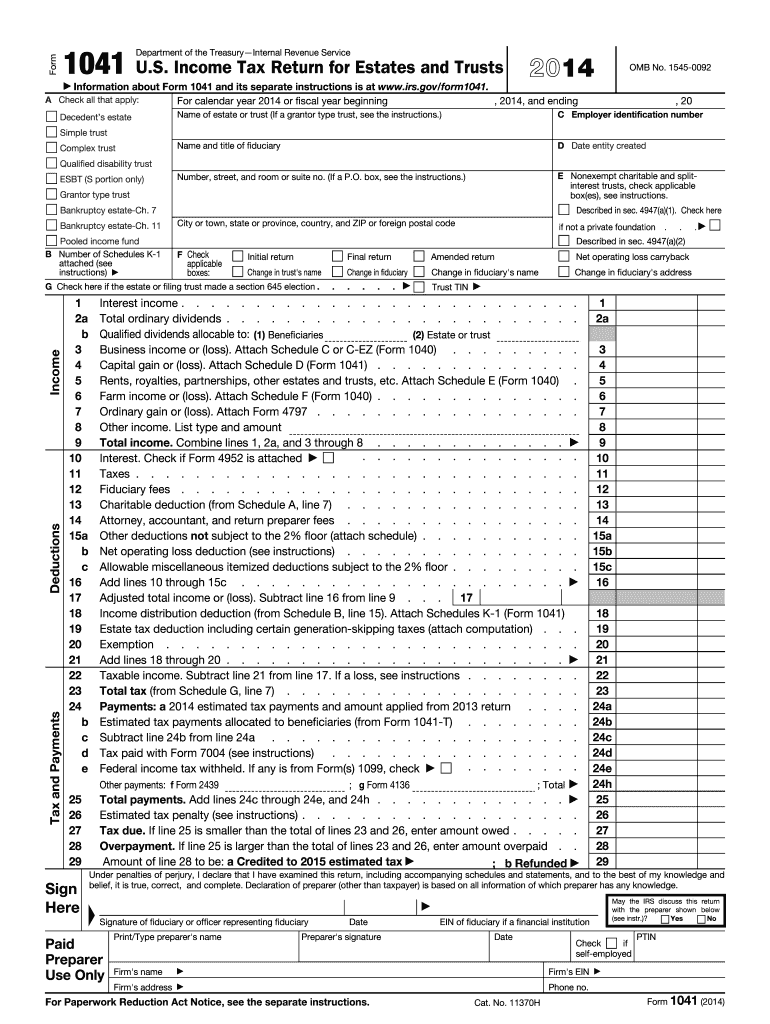 2014 form 1041 Preview on Page 1