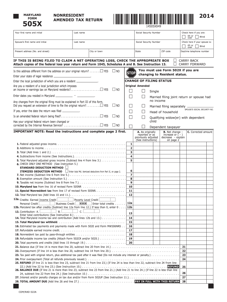 maryland 505x 2014 form Preview on Page 1