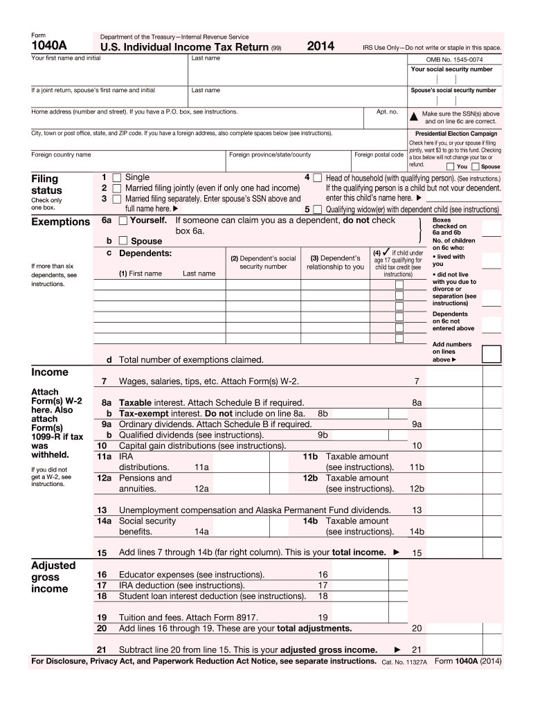 2014 Form IRS 1040 A Fill Online Printable Fillable Blank PdfFiller