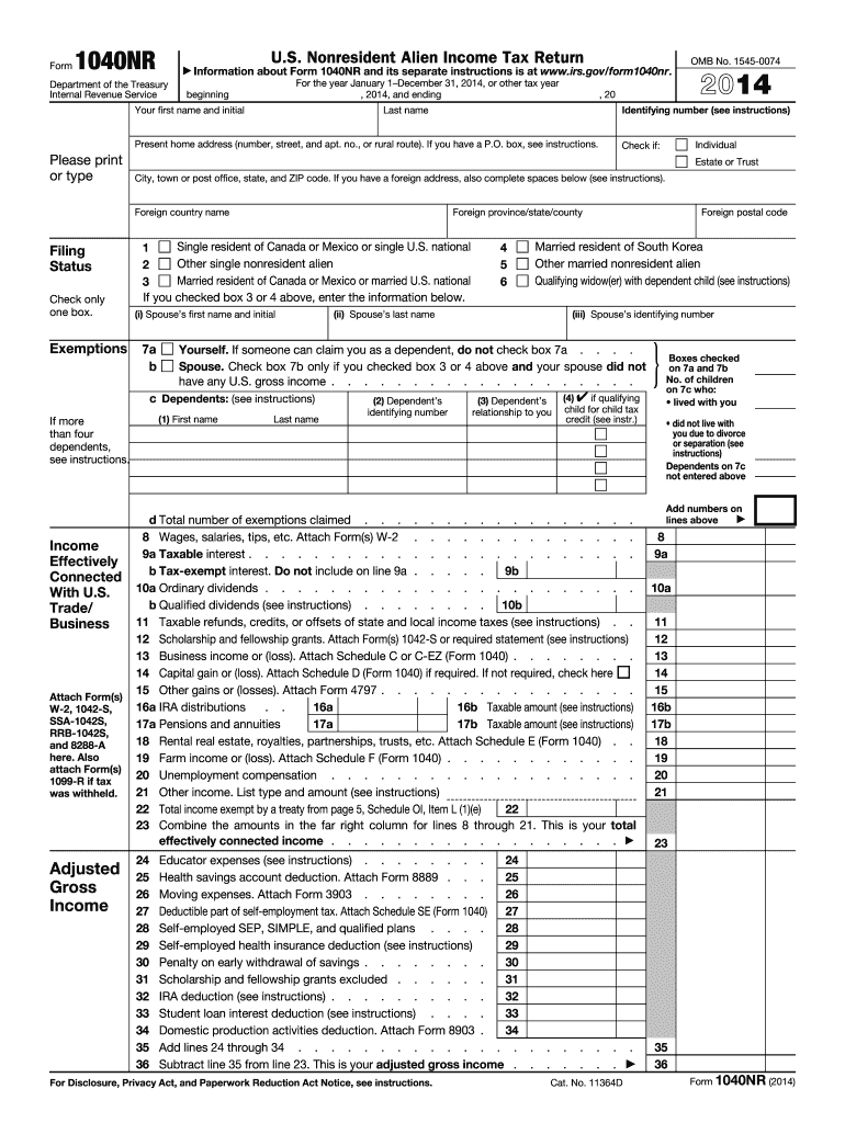 2014 Form IRS 1040 NR Fill Online Printable Fillable Blank PDFfiller