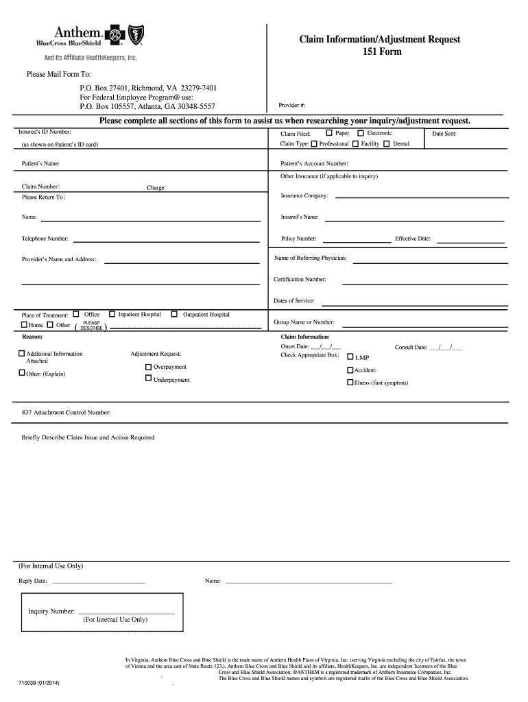 2014-2021 VA Anthem Form 151 Fill Online, Printable ...