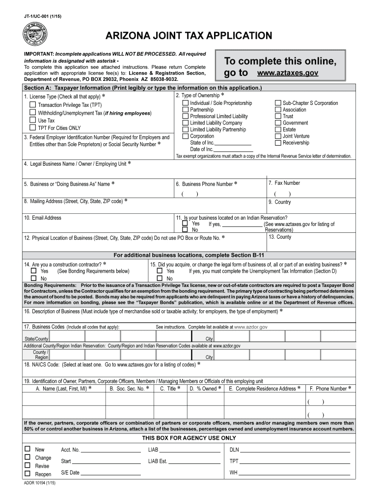 arizona joint tax application 2015 form Preview on Page 1