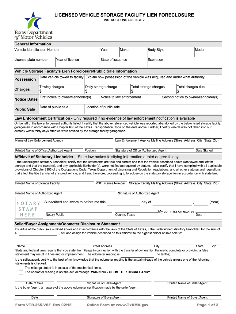 2015 Form TX VTR 265 VSF Fill Online Printable Fillable Blank 