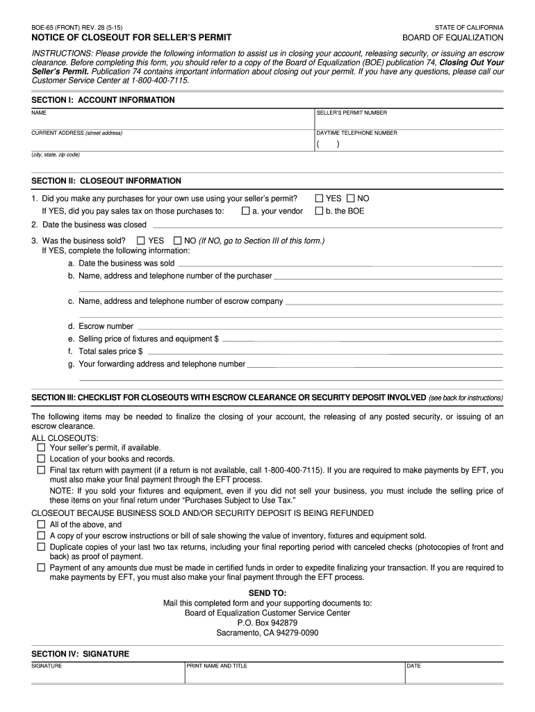 boe 65 california 2015 form Preview on Page 1