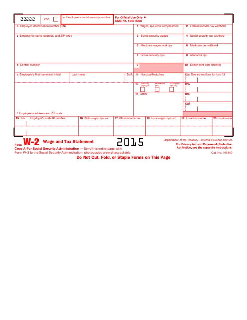 Printable w2 form for employees 2015