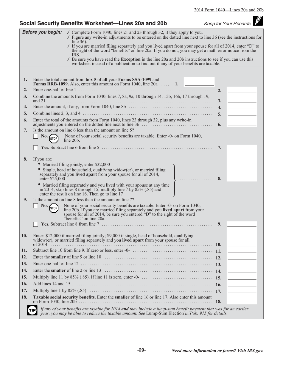 Taxable social Security Benefits Worksheet 2018