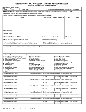 Michigan Child Abuse or Neglect Report Form