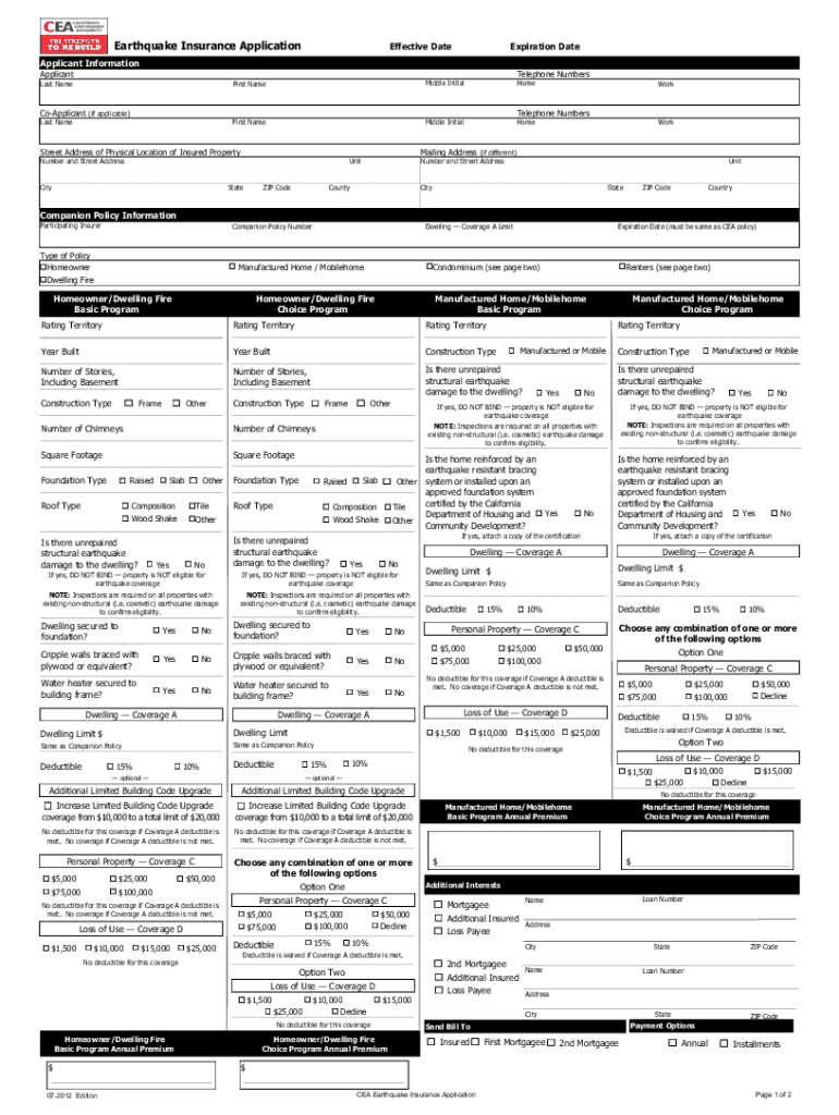 earthquake insurance application Preview on Page 1