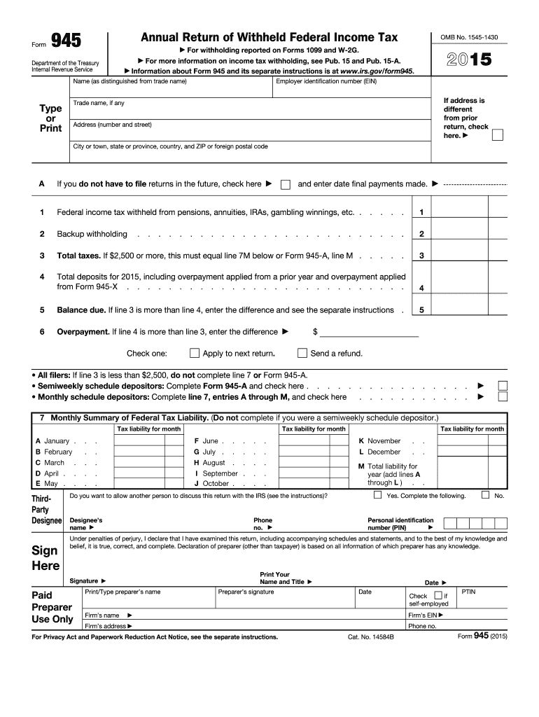 IRS 945 2015 Fill out Tax Template Online US Legal Forms