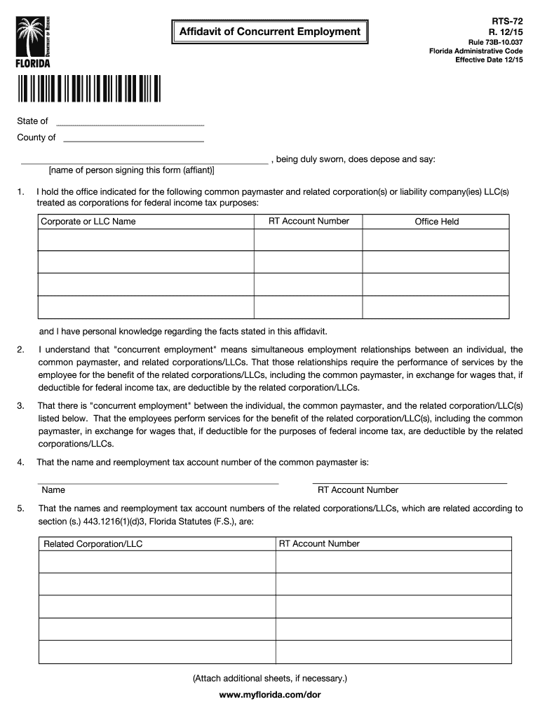 Affidavit of Concurrent Employment - Florida Department of Revenue Preview on Page 1