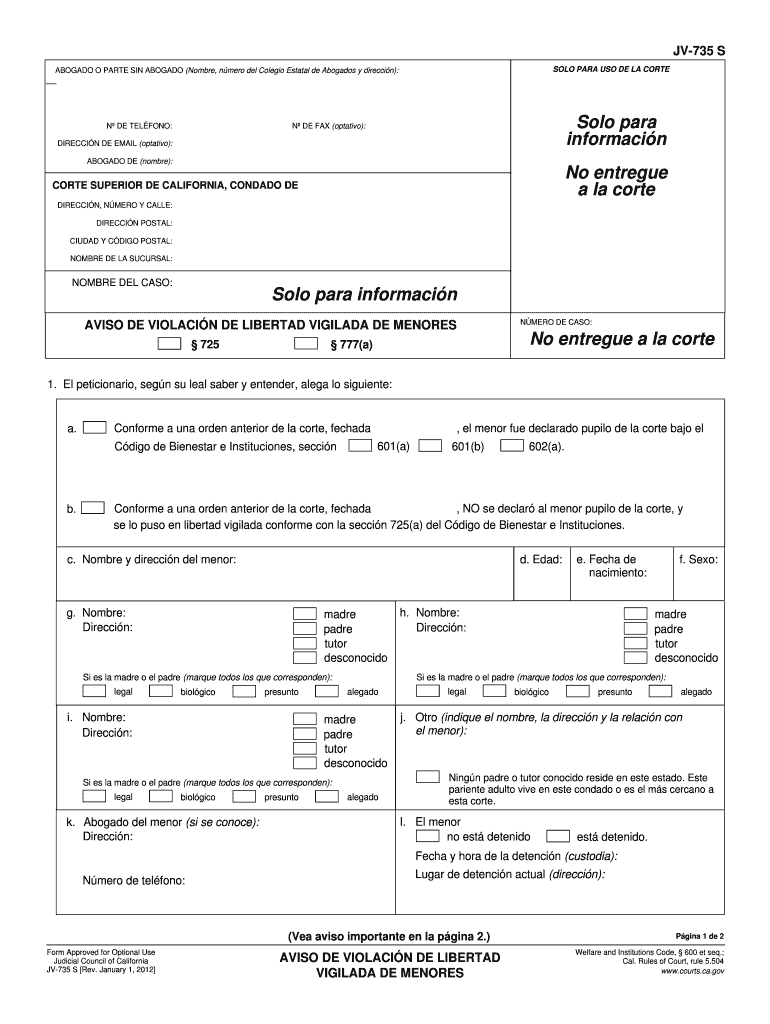 JV-735s Juvenile Notice Of Violation Of Probation ... - California Courts - courts ca Preview on Page 1