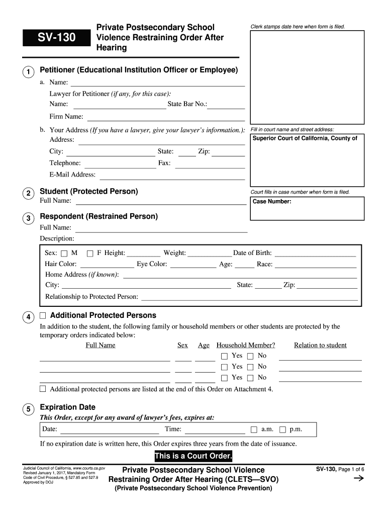 SV-130 Private Postsecondary School Violence ... - California Courts - courts ca Preview on Page 1