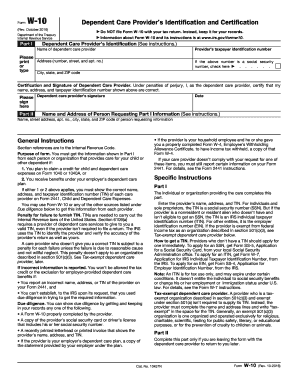 Form W-10 Dependent Care Provider’s Identification and Certification