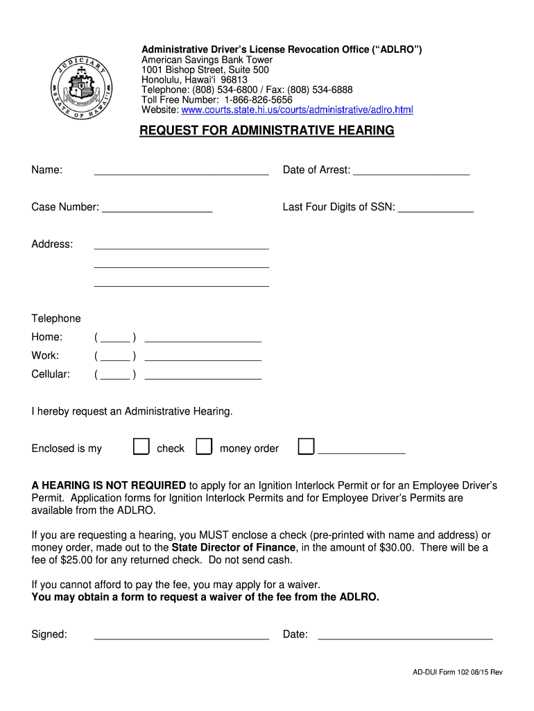 REQUEST FOR ADMINISTRATIVE HEARING - courts state hi Preview on Page 1