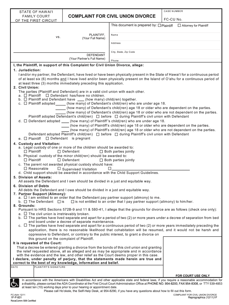 complaint civil union Preview on Page 1