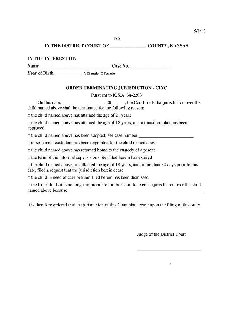 kansas order terminating jurisdiction cinc Preview on Page 1