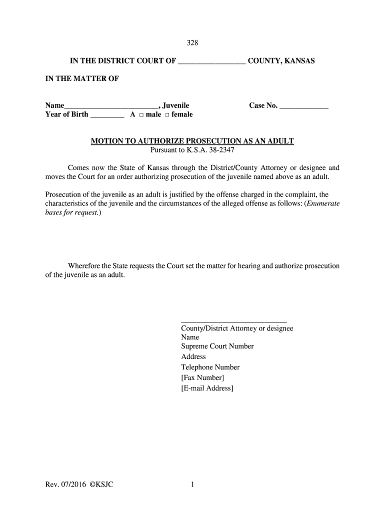 Rev 07 2016 KSJC 1 328 IN THE DISTRICT COURT OF COUNTY - kansasjudicialcouncil Preview on Page 1
