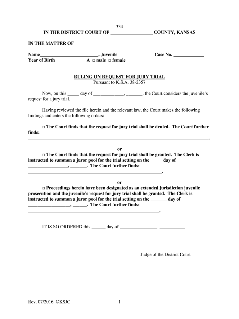 Rev 07 2016 KSJC 1 334 IN THE DISTRICT COURT OF COUNTY - kansasjudicialcouncil Preview on Page 1