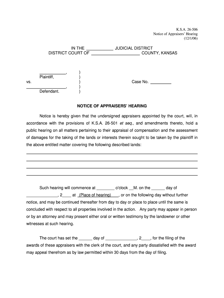 2006 kansas notice appraisers hearing form Preview on Page 1