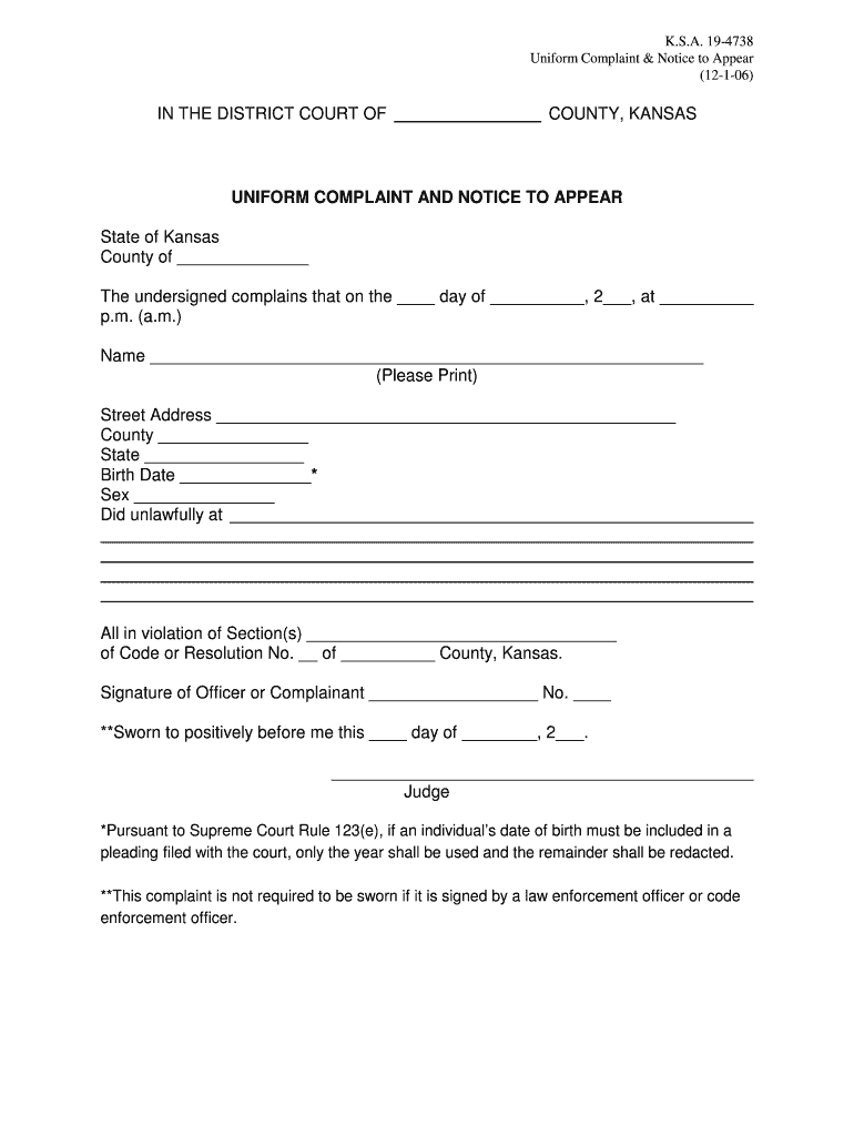 kansas uniform notice to appear and complaint Preview on Page 1