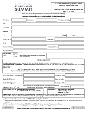 2013 National Rx Drug Abuse Summit Attendee Registration Form