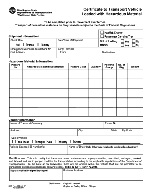 Certificate to Transport Vehicle Loaded with Hazardous Material - wsdot wa