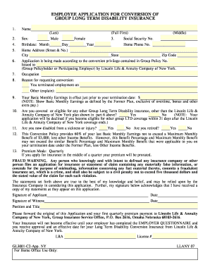 Employee Application for Conversion of Group Long Term Disability Insurance