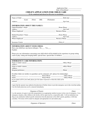 Child Care Application Form