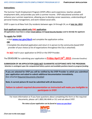 NYC Summer Youth Employment Program 2015 Application