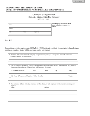 Pennsylvania LLC Certificate of Organization
