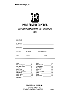 PPG Confidential Dealer Price List Order Form