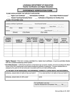 Louisiana Teacher Certification Experience Verification Form