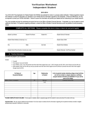 FAFSA Verification Worksheet