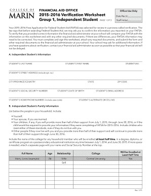 2015-2016 Verification Worksheet for Independent Students