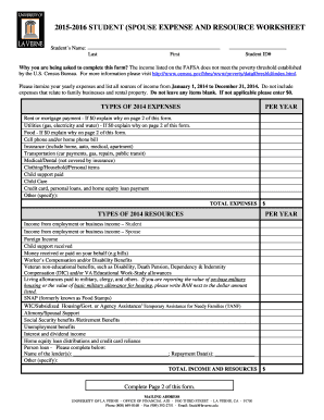 2015-2016 Student Spouse Expense and Resource Worksheet