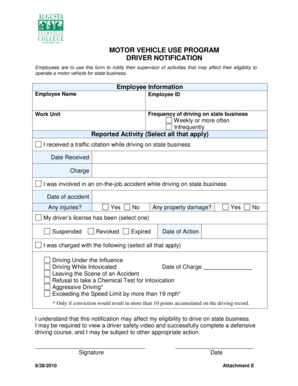 Motor Vehicle Use Program Driver Notification