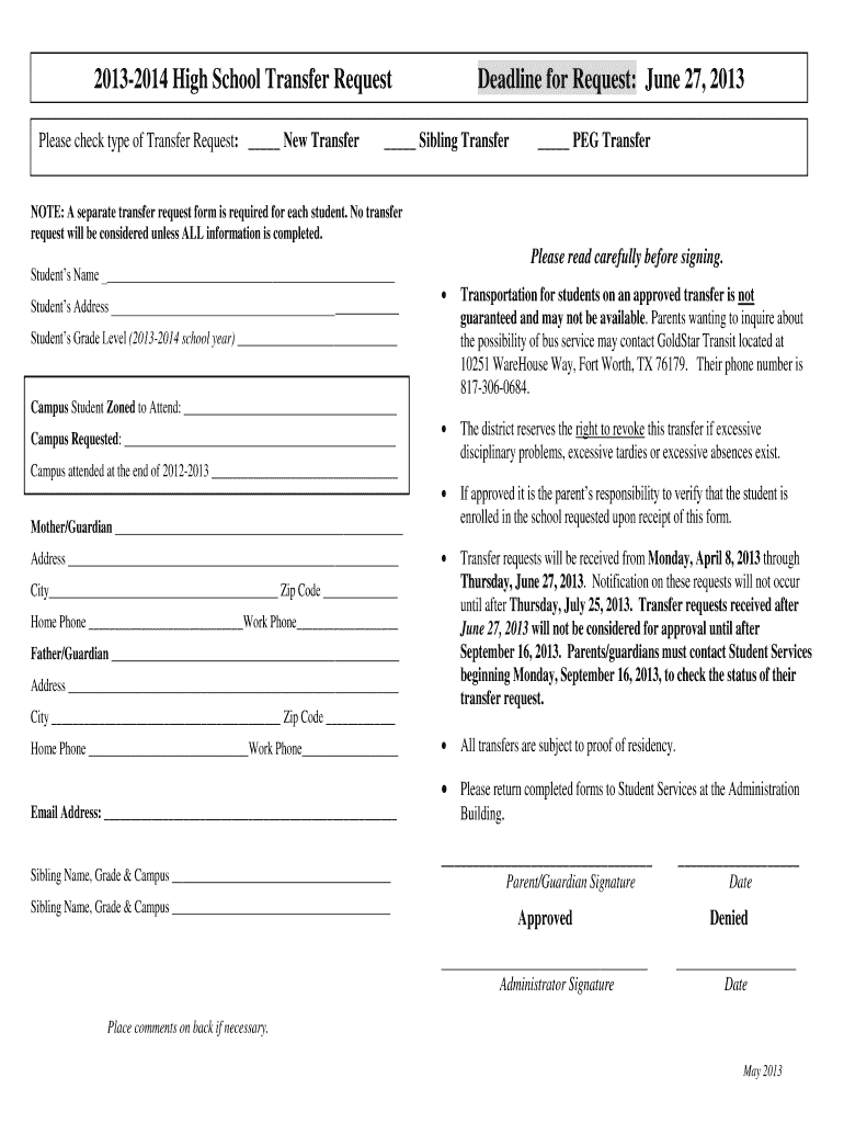 Fillable Online 2013 2014 High School Transfer Request Deadline For Fillable Online 2013 2014 High School Transfer Request Deadline For