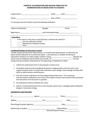 Parental Authorization and Release Form for Medication Administration