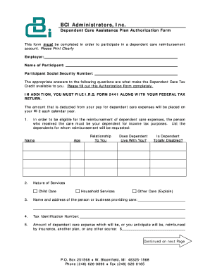 Dependent Care Assistance Plan Authorization Form