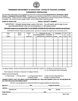 Tennessee Educator Experience Verification Form