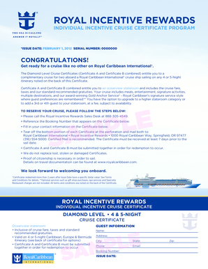 Royal Caribbean Diamond Level Cruise Certificate
