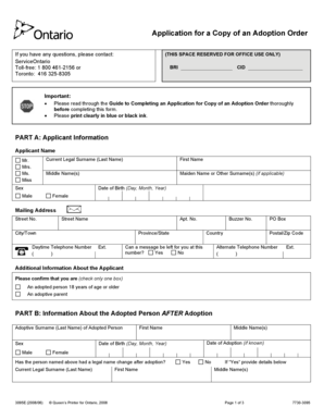 Application for Copy of an Adoption Order