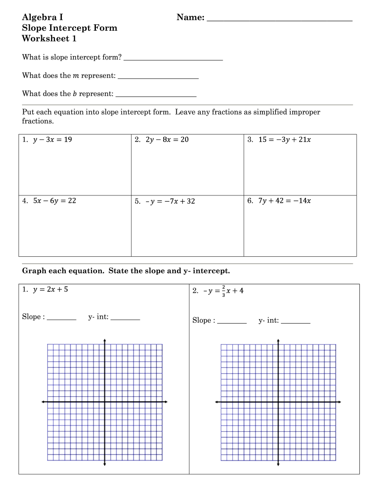 Algebra 1111 Slope Intercept Form Worksheet 1111 Answer Key - Fill Inside Slope Intercept Form Worksheet