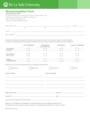 College Admission Recommendation Form