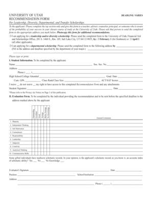 University of Utah Recommendation Form