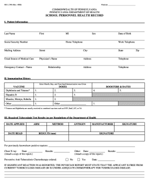 Pennsylvania School Personnel Health Record
